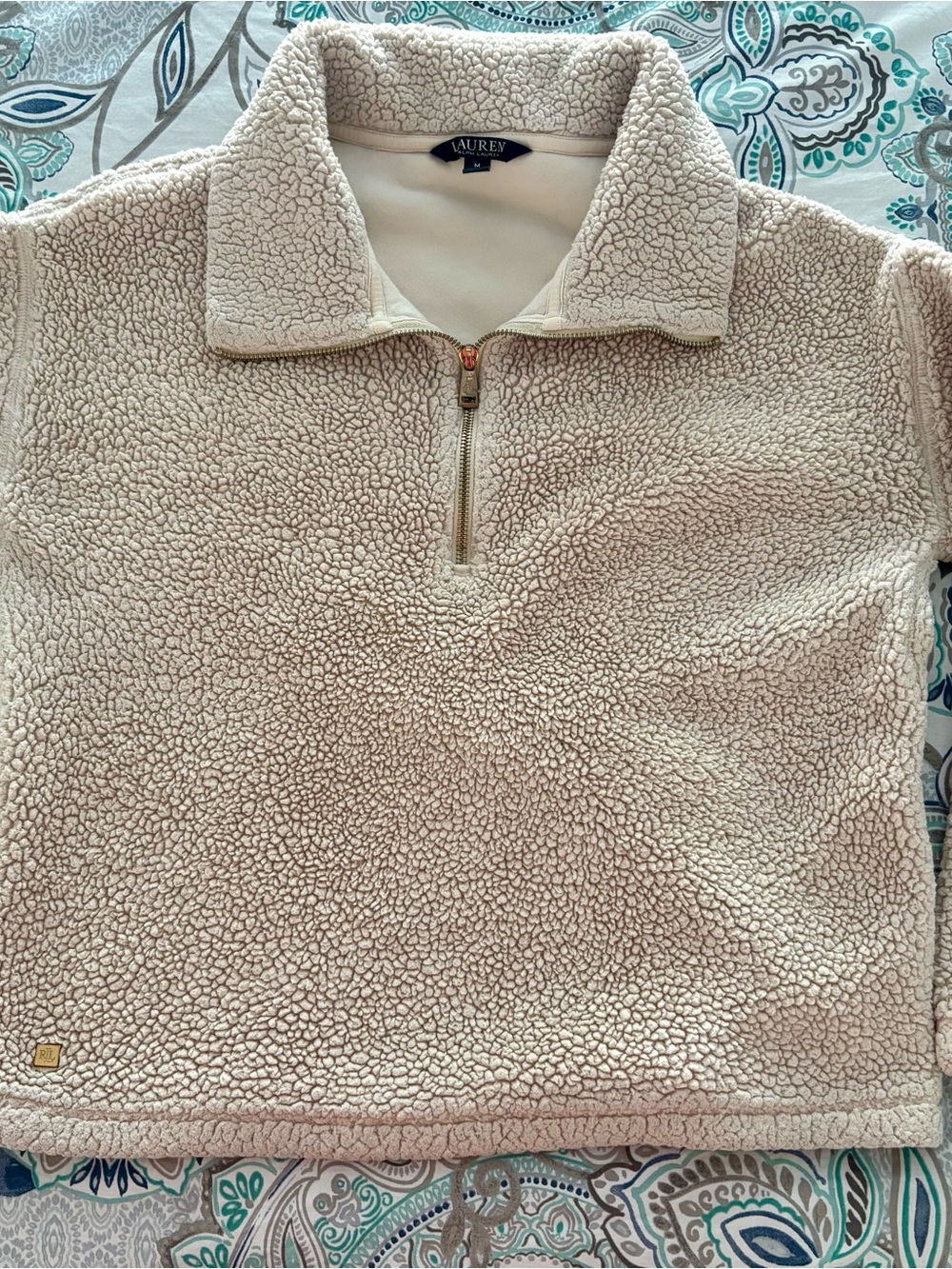 Lauren Ralph Lauren Sherpa Quarter Zip Pullover Teddy Fleece Cream Beige Medium